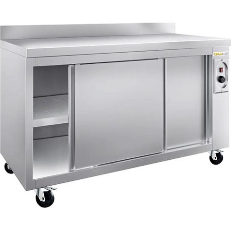 Meuble bas inox chauffant 1600x600 mm adossé sur roulettes PREMIUM - GOLDINOX