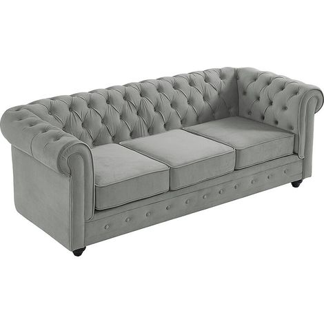 Vente-Unique – Canapé Chesterfield 3 places en velours gris clair – Dossier capitonné – Déhoussable – Charge maximale 360 kg – Dimensions 205x88x72 cm