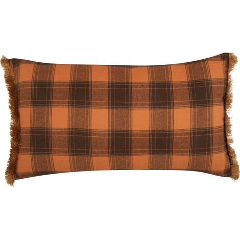 Cojín decorativo rectangular con patrón de cuadros en color naranja con borlas 40 x 70 cm Barja