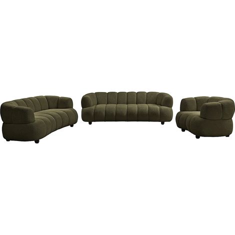 Canapé 3 places, 2 places et un fauteuil en tissu bouclette vert COLIANI (1/5)