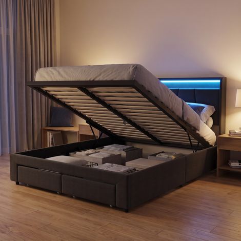 Lit coffre 160x200 cm avec 2 tiroirs, Lit double adulte avec LED et ports USB, tête de lit de rangement, Rembourré en lin, Gris foncé (1/5)