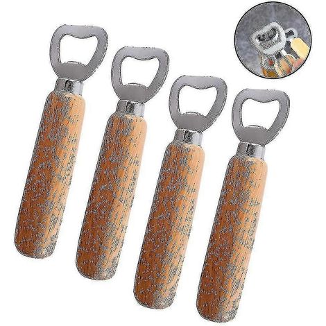 4er-Set Flaschenöffner aus Edelstahl mit Holzgriff, glatte Holzgriffe zum Öffnen von Getränkeflaschenverschlüssen für Zuhause, Partys, Bars und Barkeeper (1/4)