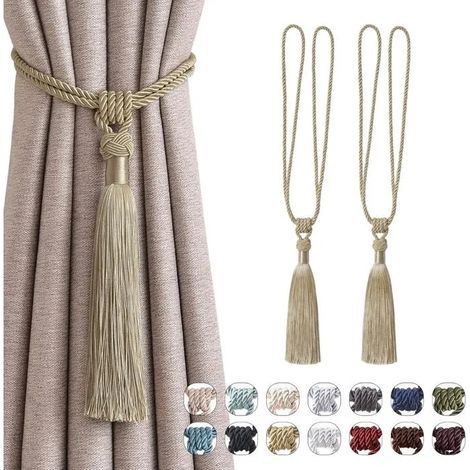 Lot de 2 embrasses longues à pompons, faites main en corde tressée, nœuds style européen, pour décoration fenêtre ma - Kaki Lot de 2 (1/5)