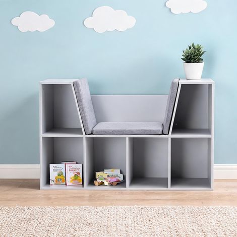 Bibliothèque enfant grise en MDF avec coffre et coussins en bois (1/5)