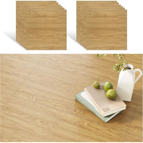 Carrelage Adhesif Sol Bois Brun Clair 12 Pièces Revetement de Sol PVC Aspect Bois Clair Stickers Carrelage Adhesif Cuisine Imperméable Dalle PVC Garage Chambre Salle de Bain 30 cm ×30 cm (1/5)
