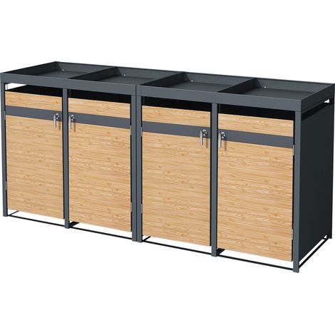 ML-Design Copribidone per 4 Bidoni di Spazzatura con Tetto a Fioriera 240L 264x80x124 cm Antracite Aspetto Larice Acciaio Contenitore per Pattumiera Copri Bidone per Rifiuti con 4 Porte e Serratura