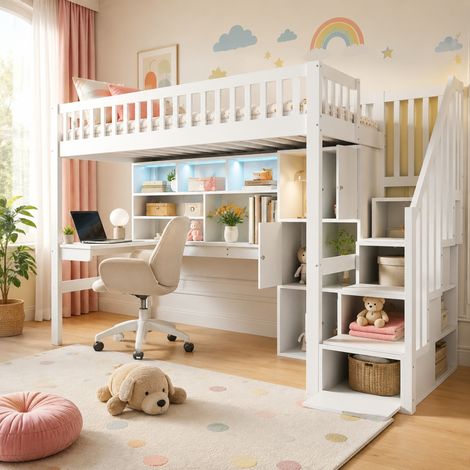 Lit mezzanine 90 x 200 cm avec bureau, étagères, LED et escalier de rangement blanc DESVIAE (1/5)