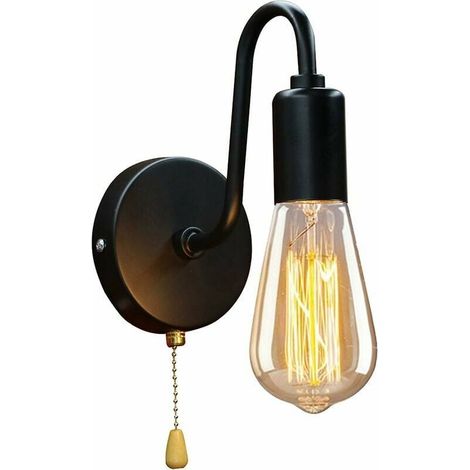 Applique murale d'intérieur avec interrupteur Applique murale rétro industrielle E27 Lampe vintage avec interrupteur à tirette Spot mural de chambre Abat-jour noir en métal Lampe de lecture Appliques (1/5)