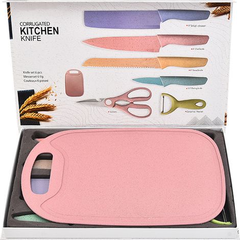 Ensemble de 7 couteaux en paille de blé comprenant un couteau de chef, un couteau à pain, un couteau à éplucher, des ciseaux, un éplucheur et une planche à découper.