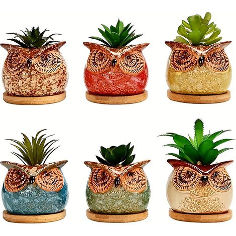 Set 6 Pezzi Vasi In Ceramica Fiori Piante Grasse Gufi Con Sotto Vaso In Bambù Foro Centrale Vasetti Cactus Decorazione Interno Esterno Casa Vasetto Con Foro Scarico Scrivania Comodino Ufficio Fioriera (1/5)