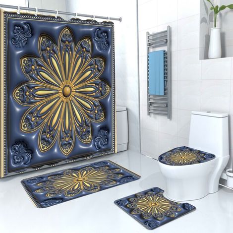 Bedrucktes Duschvorhang-Set, vierteilig, schlichter, wasserdichter Duschvorhang aus Polyester - Crezuo