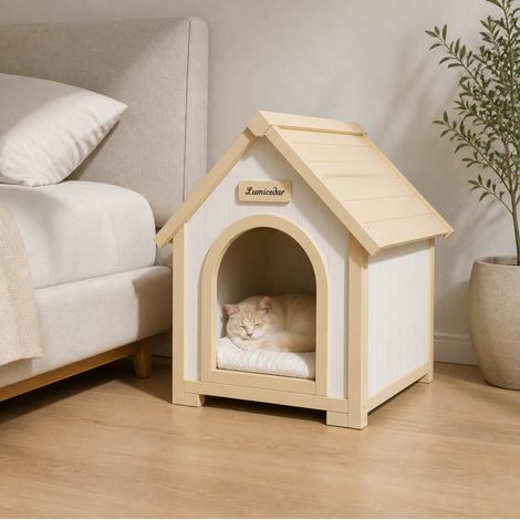 Indoor-Hundehütte aus FSC-Holz mit abnehmbarem Kissen, 60 x 55 x 70 cm, cremeweiß (1/5)