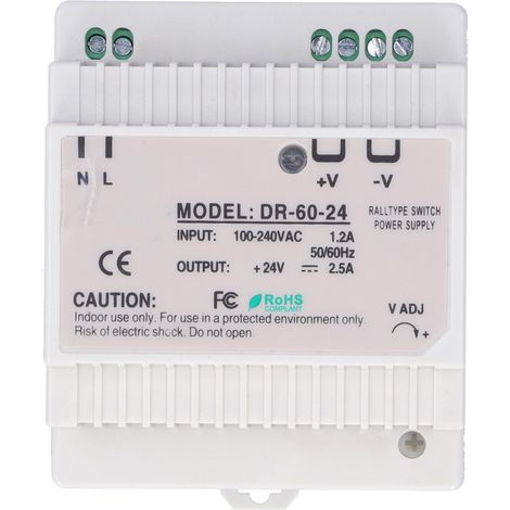 Alimentation à découpage DR-60-24, régulée et ajustable pour rail DIN, boîte à fusibles et armoire de contrôle.