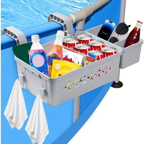 Panier de rangement de piscine (gris clair) avec porte-gobelet, en plastique épais, pour accessoires de piscine hors sol et piscine extérieure. (1/5)