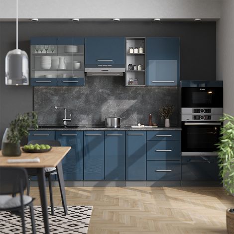 Küchenzeile Fame-Line, Dunkelblau Hochglanz/Anthrazit, 280 cm ohne Arbeitsplatte, Vicco (1/5)