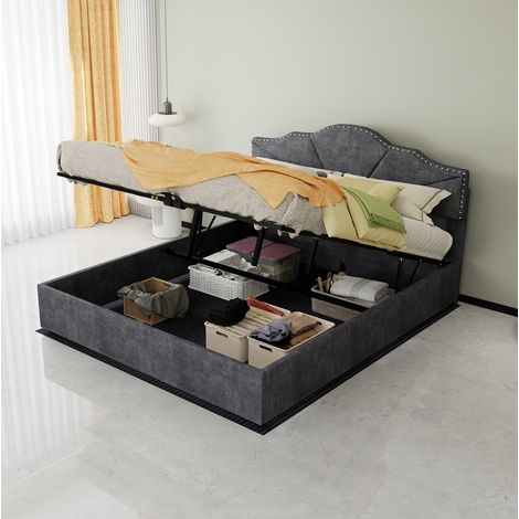 Polsterbett 160x200 cm aus Stoff und Metall Grau mit Stauraum und Matratze – MEUBLIV (1/5)