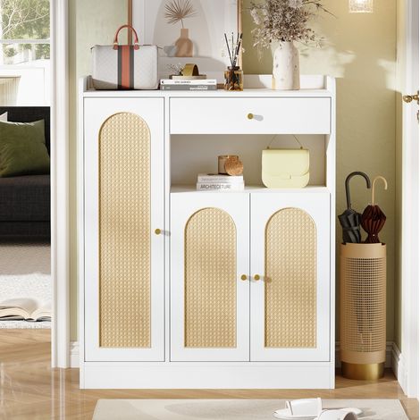 Meuble à chaussures avec 1 tiroir et 3 portes à étagères réglables, naturel et blanc, 90x35x110 cm (1/5)