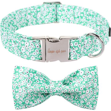 Collier d'été pour chien avec nœud papillon vert - Colliers et laisse pour collier anti-mouches - Fleur blanche - Collier large pour chien - Cadeau pour petits, moyens et grands (1/5)