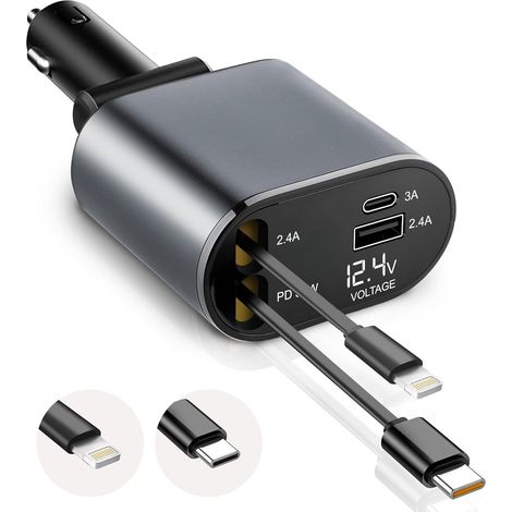 Caricabatterie da auto - Caricabatterie rapido 4 in 1 per auto con USB C, cavo retrattile (80 cm) e 2 porte di ricarica - Adattatore per accendisigari - Novità 2025 - Argento (1/4)