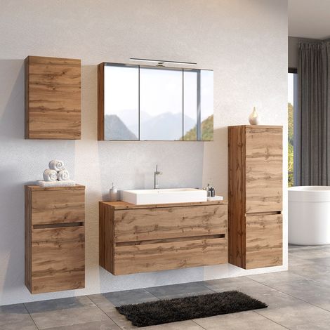 Badmöbel Set PESARO-03 mit LED Spiegelschrank und Waschbecken in Wotan Eiche Nb., B/H/T: ca. 220/200/48 cm (1/5)