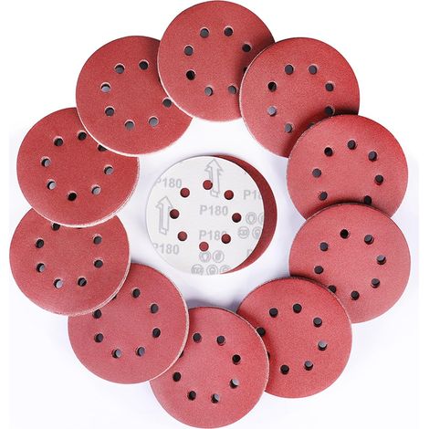100 Pièces Rond Disques Abrasifs à Grain 180, 125 mm Disque de Ponçage à 8 Trous de Différentes Tailles Papier Poncer pour Ponceuse Excentrique