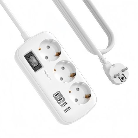 Multiprise Avec Protection Antisurtension - 3 Prises Femelles + 4 Ports USB (2 USB-C) - Interrupteur Intégré - Câble 1,5 M - Fixation Murale - Blanc (1/3)