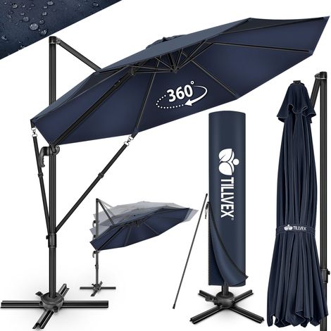 tillvex Parasol haut de gamme en aluminium 330 cm bleu marine + housse et pare-vent Parasol déporté 6 positions avec manivelle Parasol de jardin pivotant et inclinable à 360° Parasol à manivelle gr (1/5)