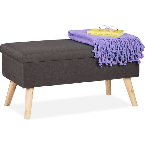 Relaxdays Panca con Contenitore, Panchetta Imbottita Moderna, Gambe in Legno, Stoffa HLP 39 x 77 x 39 cm, Grigio Scuro (1/5)