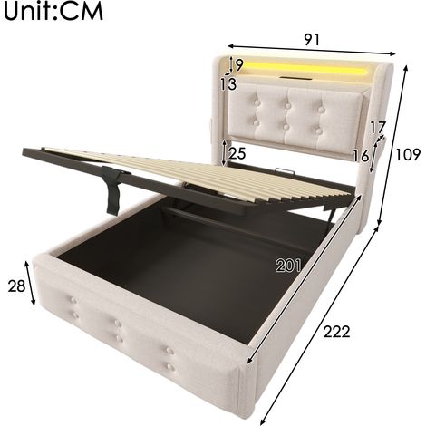 Lit simple rembourré 90x200 cm coton beige,LED tête de lit,USB C,hydraulique,cadre bois+métal,capacité 150kg,sans matelas (1/5)
