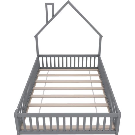 Letto per bambini 140 x 200 cm con tetto a camino, legno di pino e MDF, grigio (1/5)