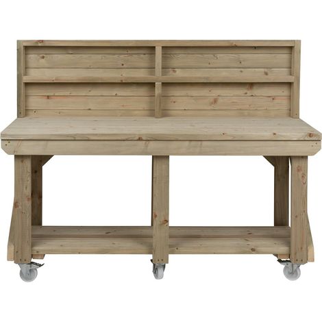 Indoor/outdoor workbench pressure treated station (H-90cm, D-64cm, L-180cm) with back panel and wheels