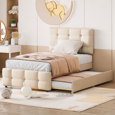 Eifson – Lit simple rembourré 90x200 cm avec tête de lit réglable – Lit gigogne pour enfant – Revêtement en lin doux – Capacité 150 kg (1/5)