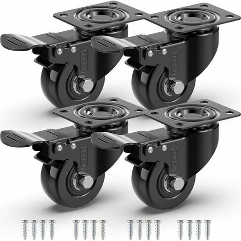 4 Roulettes Pivotantes Pour Meubles avec Frein + Vis - 50mm Jusqu'à 200KG - Roulette Sans Traces au Sol pour Charge Lourde - Roue en Caoutchouc pour Chariot - Noir (1/5)