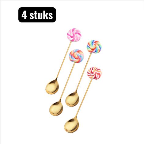 Ensemble de 4 pièces - Cuillères - Cuillères à long drink - Cuillère à mélanger en forme de donut - Cuillère à café et fourchette à fruits en forme de sucette - Couverts créatifs pour pâtisserie - Sty (1/3)