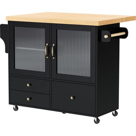 Carrello cucina Isola 100x42x91cm con ruote, piano estensibile, porta bicchieri, ripiani regolabili, capienza 40kg, MDF nero (1/5)