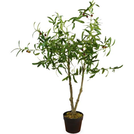 Spetebo – Olivier artificiel 105 cm – Plante décorative avec 414 feuilles et 24 fruits – Pot noir pour décoration intérieure