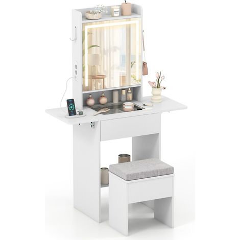 Coiffeuse blanche avec miroir LED 3 modes, prises électriques, panneaux rabattables et tabouret coffre pour chambre et dressing