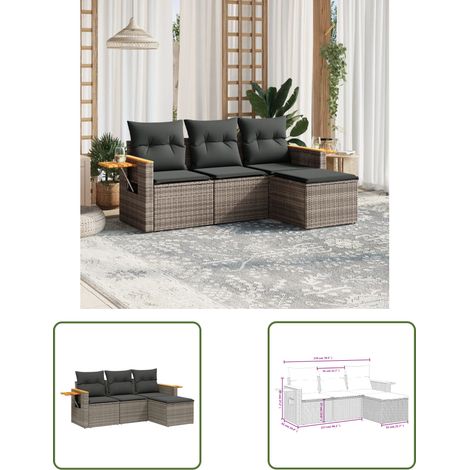 The Living Store 4-tlg. Garten-Sofagarnitur mit Kissen Grau Poly Rattan - Gartenmöbel - Outdoor Möbel - Rattan Sofa - Lounge Set - Esszimmergarnitur