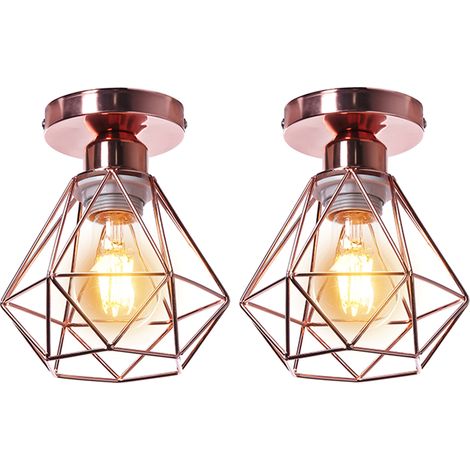2PCS Plafonnier Rétro Or Rose Lampe De Plafond E27 Cage En Métal Luminaire Plafonnier Vintage D'Intérieur