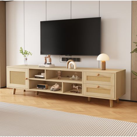 Meuble TV 160 cm avec 2 tiroirs, 1 porte, passe-câbles, décor rotin, chêne DESVIAE (1/5)