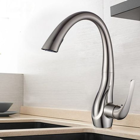 Mitigeur de Cuisine en Laiton, Robinet Pivotant 360° avec Douchette Rétractable, Finition Nickel Brossé Mat, Bec Orientable, Lot de 1 (1/5)