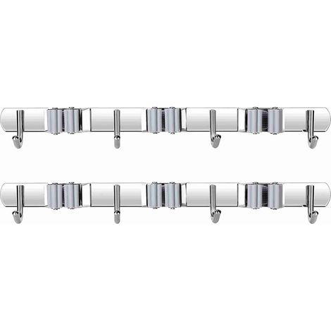Soporte de pared para escobas y fregonas, fabricado en acero inoxidable 304, paquete de 2 unidades con 3 abrazaderas y 4 ganchos, color gris, 40 x 9 x 6 cm, para la organización en cocina y baño. (1/5)