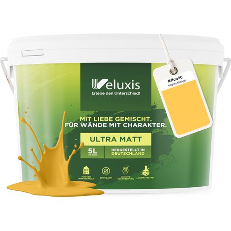 Wandfarbe Gelb Orange Gold Matt Innenfarbe – Deckkraft Klasse 1, VOC-frei, Ohne Grundierung, Tropfarm – Wohnzimmer & Schlafzimmer – 2,5L – Veluxis (Mighty Mango)