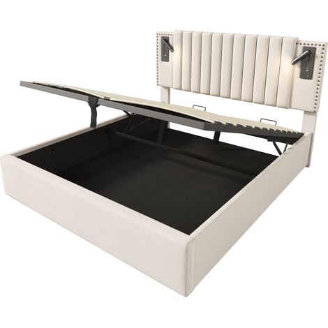 Lit coffre 180x200 en tissu beige avec LED, USB-C et tête de lit réglable MODENUIT (1/5)