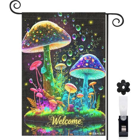Drapeau de jardin décoratif 30 x 45 cm motif champignons multicolores et inscription bienvenue toile double face (1/5)