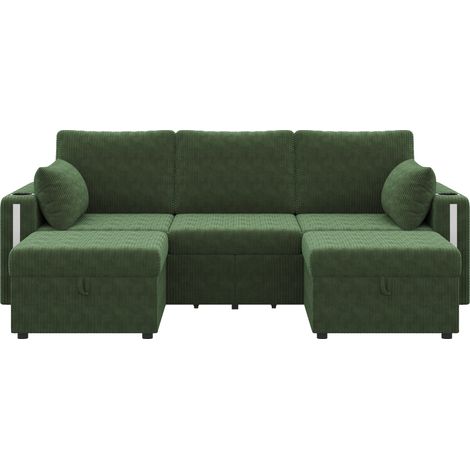 CHICFURN Canapé d'angle modulable U/L 5 à 6 places en velours côtelé vert avec LED, USB et Type-C, 2 poufs coffre, tiroirs, porte-gobelet et étagère (1/5)