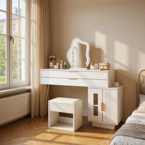 MEUBLES COSY Coiffeuse avec éclairage LED et miroir, ensemble coiffeuse extensible blanc, coiffeuse moderne pour chambre à coucher, 100 x 78 x 40 cm (tabouret non inclus). (1/5)
