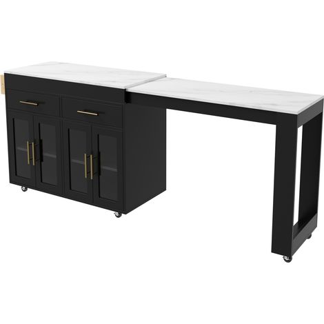Isla de cocina móvil con ruedas y barra extensible, MDF, negra, 217 x 50 x 93 cm (1/5)
