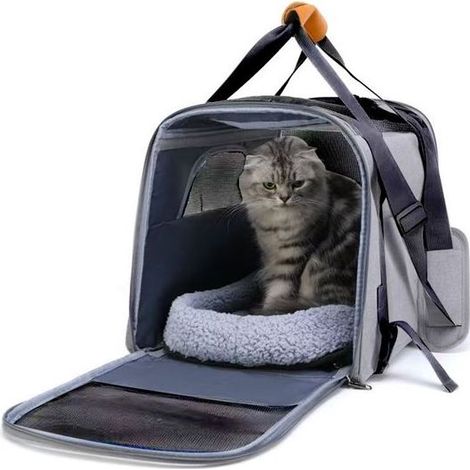 Sac de transport pour chat - Ouverture par le haut - Tapis amovible et maille respirante - Caisse de transport pour chats et chiens - Gris - Porte-animaux portable (1/5)