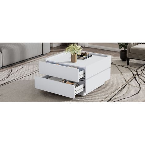 Table basse rotative 360 degrés blanche avec deux tiroirs 60 x 60 x 38 cm (1/5)